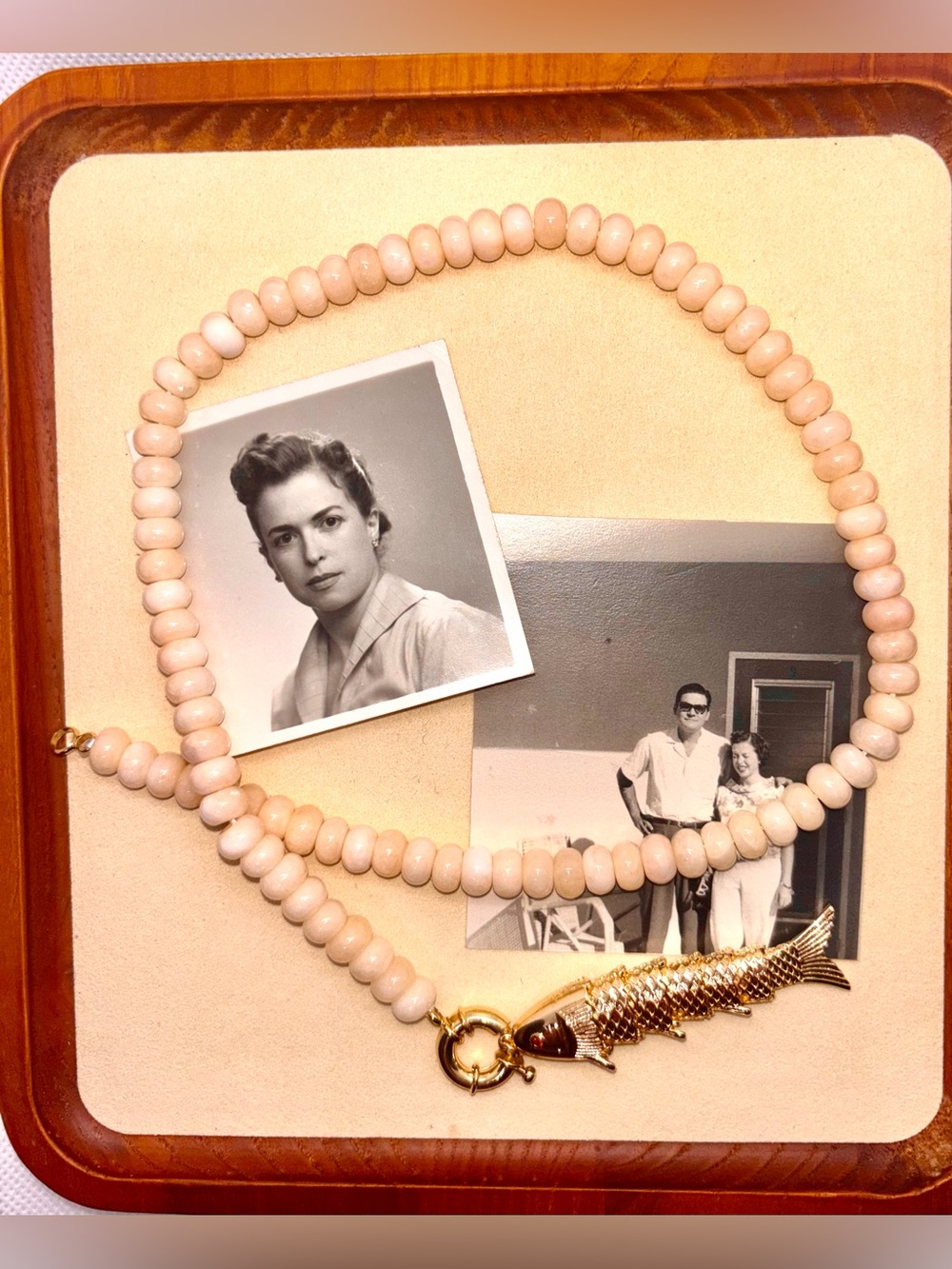Gold Fish Clasp Ivory & Blush Bead Necklace